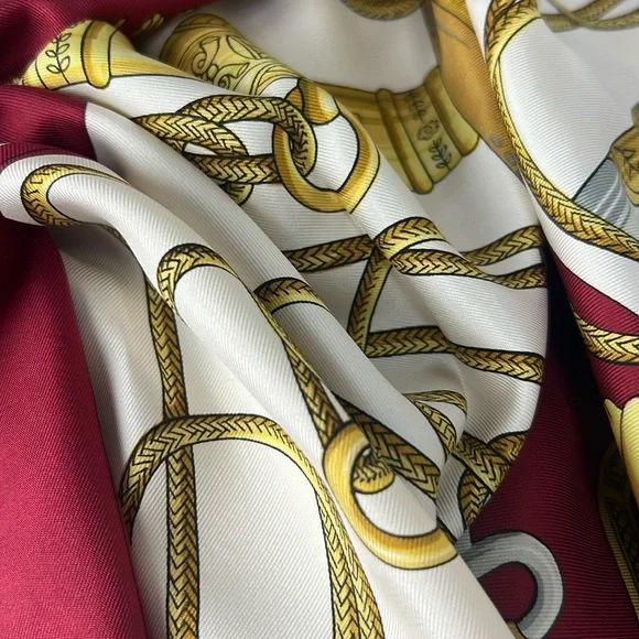 HERMESCliquetis Carre 90 Silk 100% Scarf white burgundy gold 35”:35”
